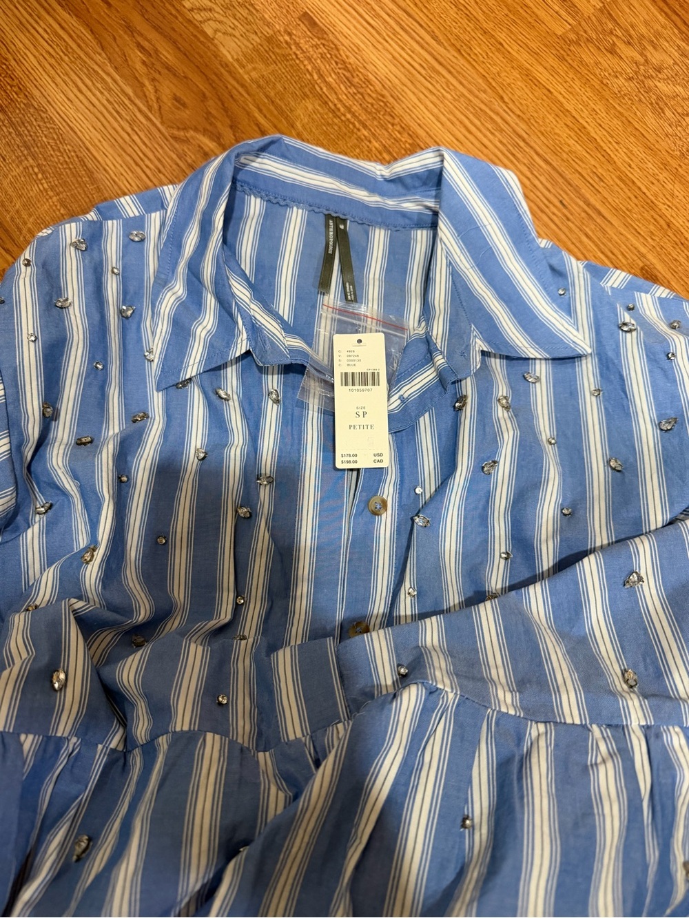 Anthropologie Blue and White Striped embellished Midi Shirt Dress - Picture 6 of 7